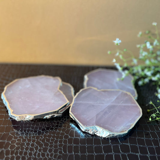 Rose Quartz Silver Plated Table Coaster for Bar Beer Coffee Tea Drinking Coasters for Dining Table Hot Pots -Set of 4