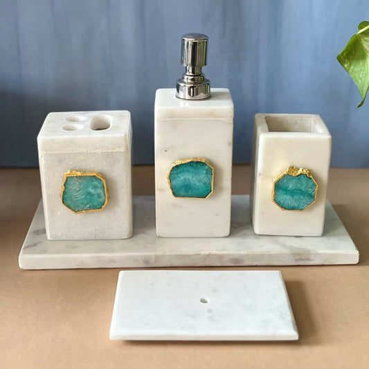 Marble with Agate Bathroom Vanity Set Modern and Luxury Bath Accessories Set of 5 Tray Toothbrush Tissue Holder Soap Dispenser & Soap Tray