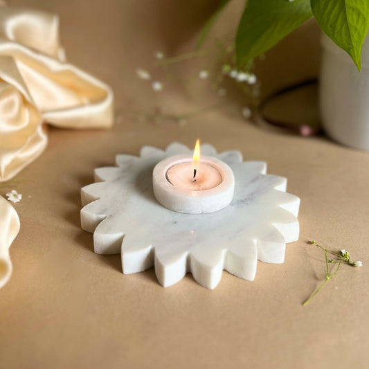 Tea Light Candle Holder White Marble Sunflower Shaped Holder Decorative for Table Centerpiece Anniversary Birthday Corporate Gifts