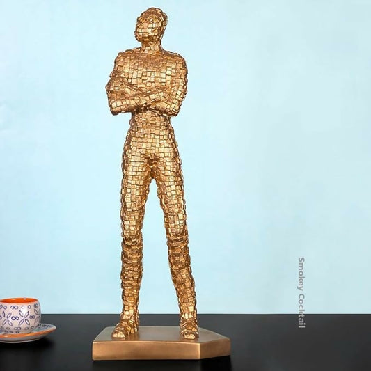 Exclusive Standing Man Handmade Sculpture | Resin Art | Bricked Showpiece Statue | Dreaming Man in Standing Position | Man Sculpture Decorative | for Home Office Gift (Gold)