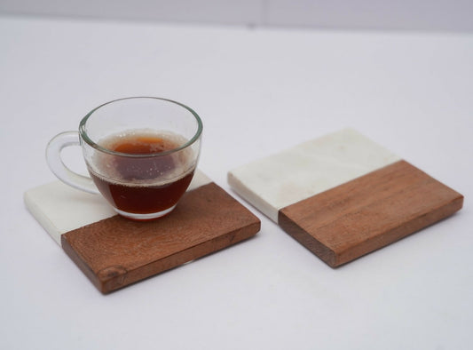 White Marble Wood Coaster for Tea Coffee Cocktail Handmade Marble Coaster for Hot & Cold Drinks for Dining Table Home and Office - Square Set of 2
