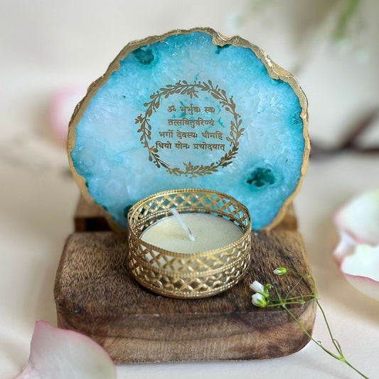 Gayatri Mantra Tea Light Holder Agate with Wood Festive Home Décor Light Holder Perfect Decorative Corporate Gift