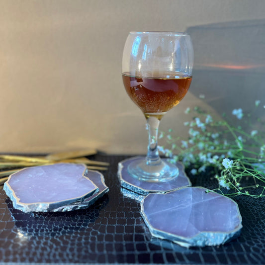 Rose Quartz Silver Plated Table Coaster for Bar Beer Coffee Tea Drinking Coasters for Dining Table Hot Pots -Set of 4