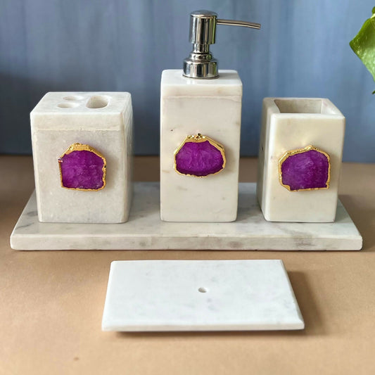 Marble with Agate Bathroom Vanity Set Modern and Luxury Bath Accessories Set of 5 Tray Toothbrush Tissue Holder Soap Dispenser & Soap Tray