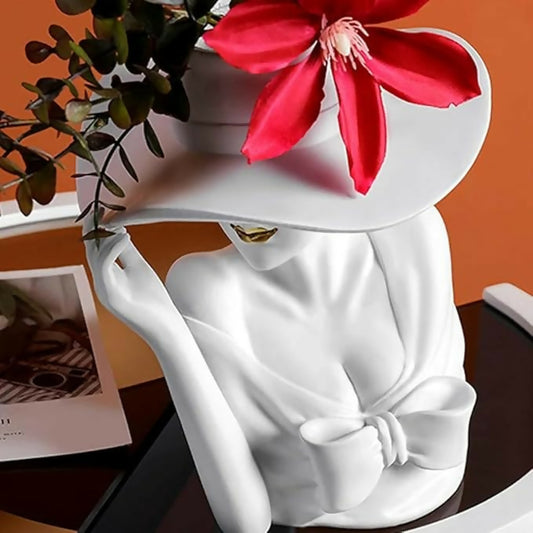 Lady Hat Handmade Ceramic Flower Decorative Vase | Elegant Flower Woman Indoor Vase for Office Home Living Room White Color (Flower Not Include)