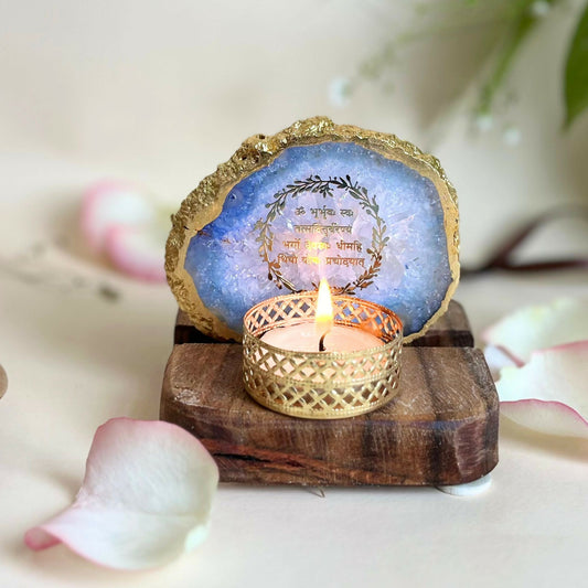 Gayatri Mantra Tea Light Holder Agate with Wood Festive Home Décor Light Holder Perfect Decorative Corporate Gift