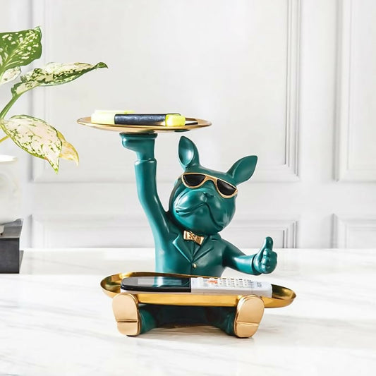 French Bulldog with Double Tray Sculpture for Home Décor Statue Table Decor Living Room Decor Entryway | Multifunctional Home Decor (French Bulldog Green)