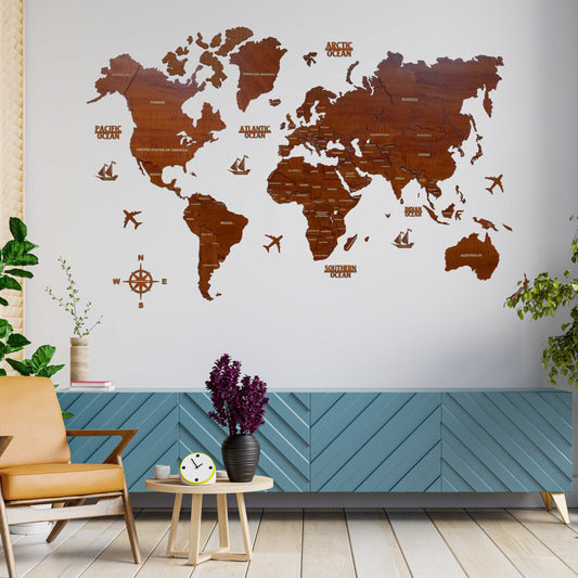 3d wooden map of the world Brown