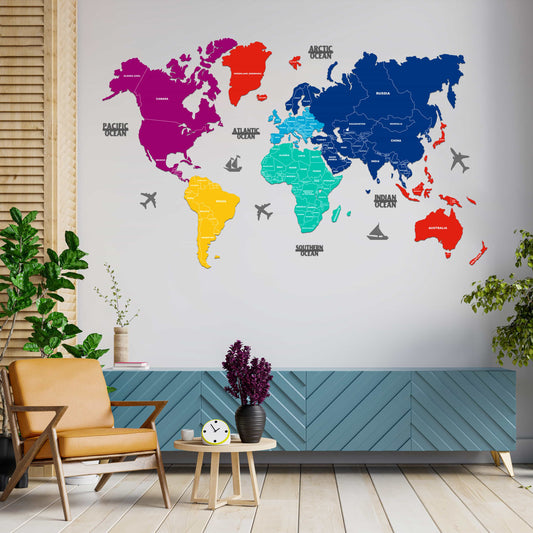 2D Prismatic Wooden World Map for Wall | Colored World Map