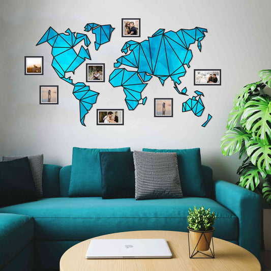Blue Designer Wooden World Map for Wall | Colored Map of The World | World Map Wall Art