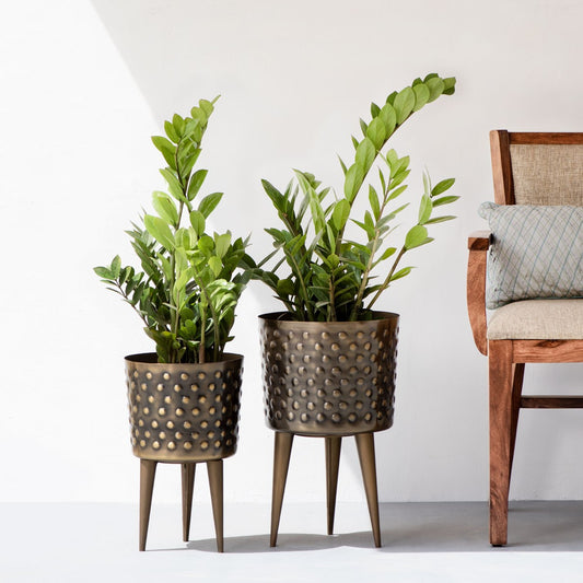 Polka Dot Hammered Indoor Planters Set of 2 | Metal Planter Stands | Decorative Planters for Living Room