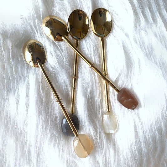 Dessert Spoon Set (Pack of 6) | Brass Spoons with Agate Moonstone | Luxury Cutlery Set