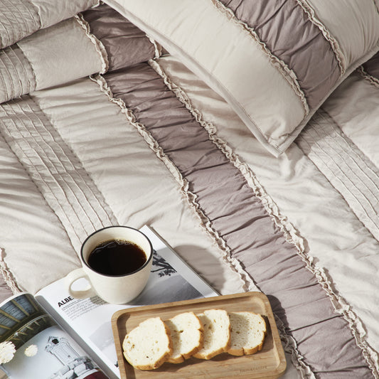 Close view of patchwork bed cover 