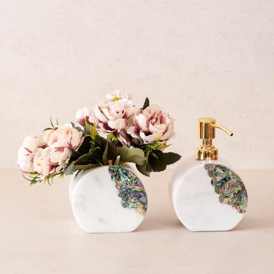 Abalone Shell White Marble Bathroom Accessories Set | Soap Dispenser with Tumbler (2pcs)