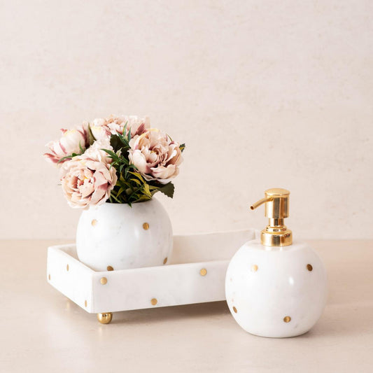Polka Dot Brass & Marble Bathroom Accessories Set of 3 | Bathroom Soap Dispenser Set