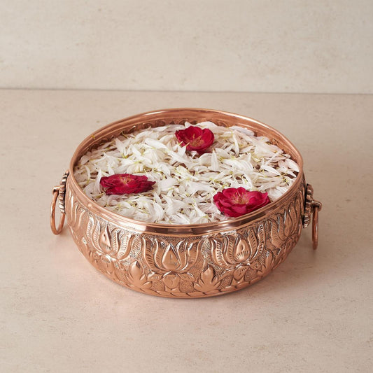 Heritage Lotus Urli Bowl for Home Decor | Copper Tea Light Candle Holder