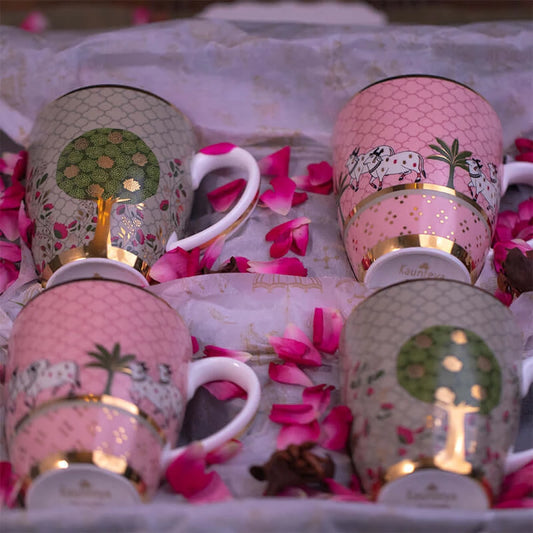 2 Pichwai Green Mugs and 2 Pichwai Pink Mugs