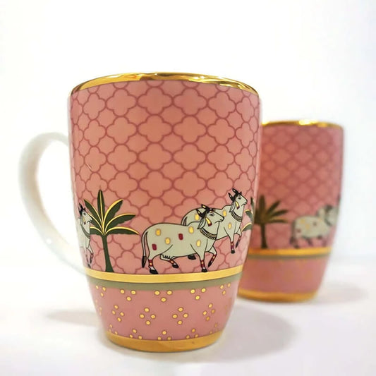2 Pichwai Green Mugs and 2 Pichwai Pink Mugs