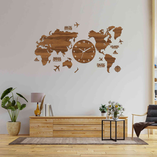 Wooden World Map Clock | Wood Wall Clock with World Map for Wall