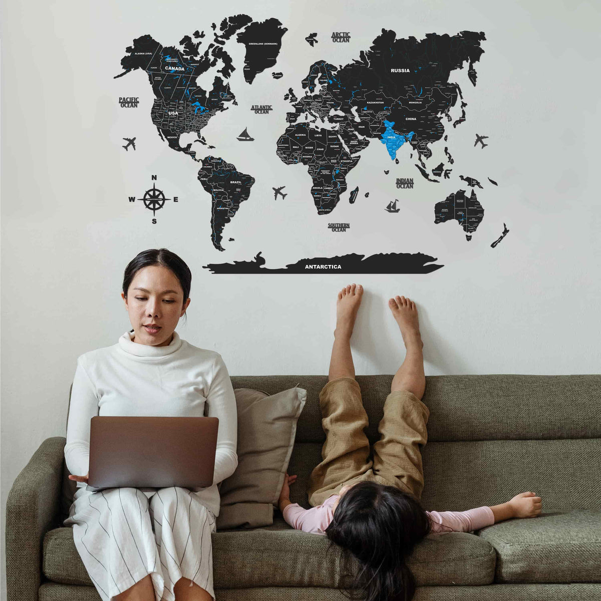 Buy 2D Wooden World Map for Wall - Black & Blue | Arcedior