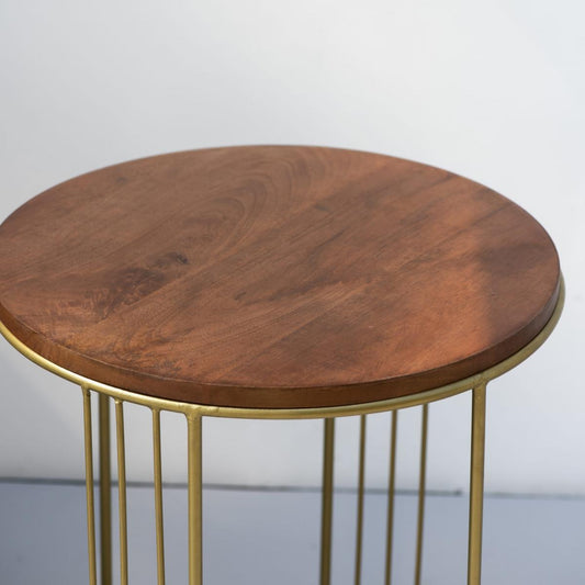 Sleek wood and metal corner table for living room