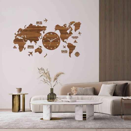 Wooden Wall Clock with World Map for Wall