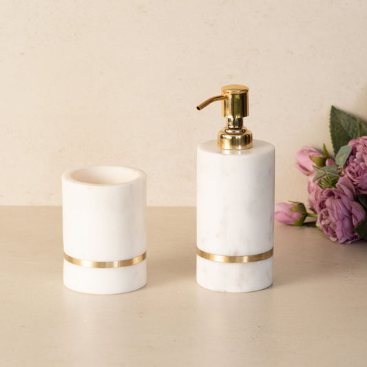 Aurelia Marble With Brass Bathroom Accessories Set of 2 | Marble Soap Dispenser with Tumbler