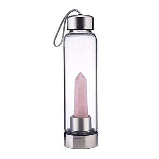 Glass water bottle with healing gem