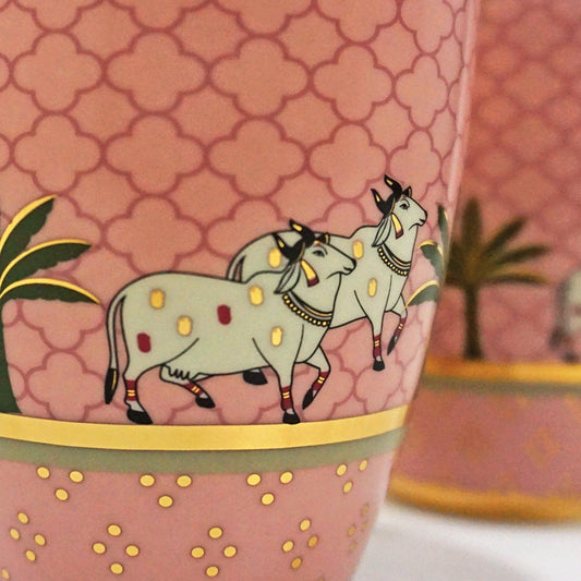 close up of Pichwai pink mug