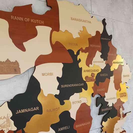 Wooden Multi Colored Gujarat Map for Wall | Gujarat Map with Cities | Map of Gujarat