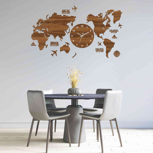 Wood Wall Clock with World Map Wall Art