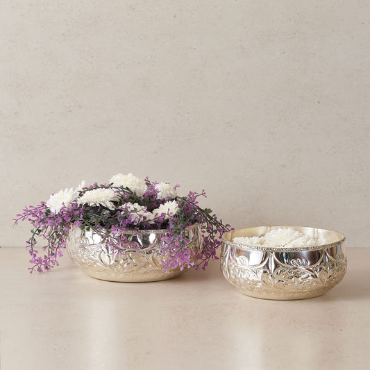 Silver Heritage Brass Urli Set of 2 | Decorative Urli Bowls