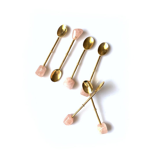 Rose Quartz Dessert Spoon Set | Ice Cream Spoon Set | Rose Quartz Stone Golden Spoon Set of 6