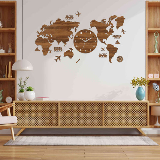 Wood Wall Clock with World Map Wall Decor