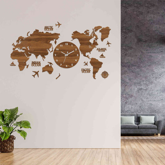 Wood Wall Clock with Wall World Map 3D