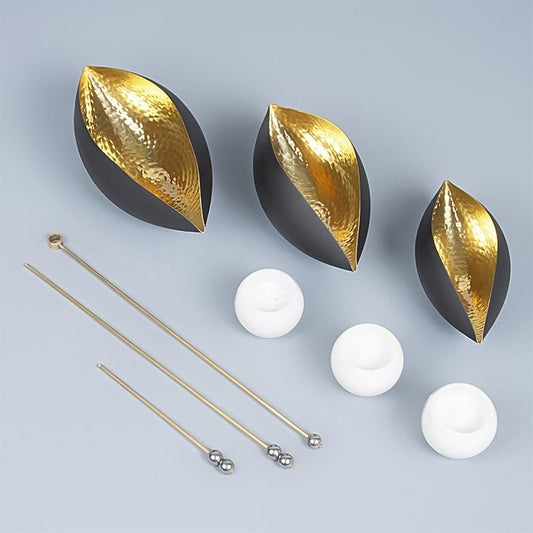 three candle light holder, white candles and golden hooks