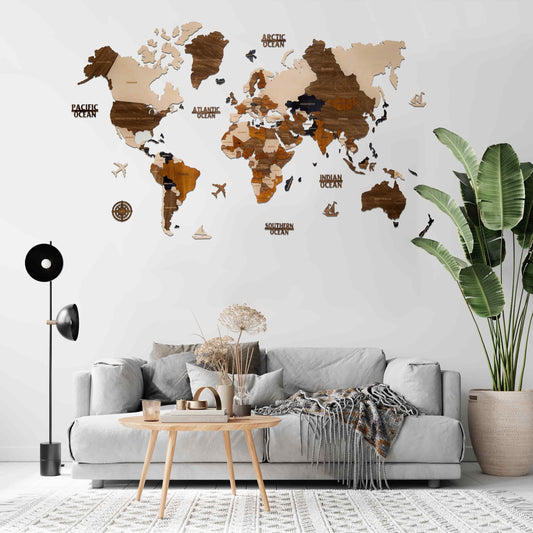 Wooden World Map 3D for Wall