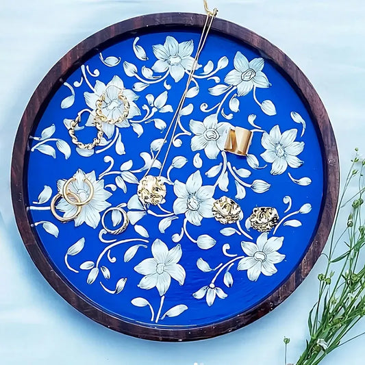 Azraq Muti-use Round Tray | Wooden Tray for Trinkets or Jewellery