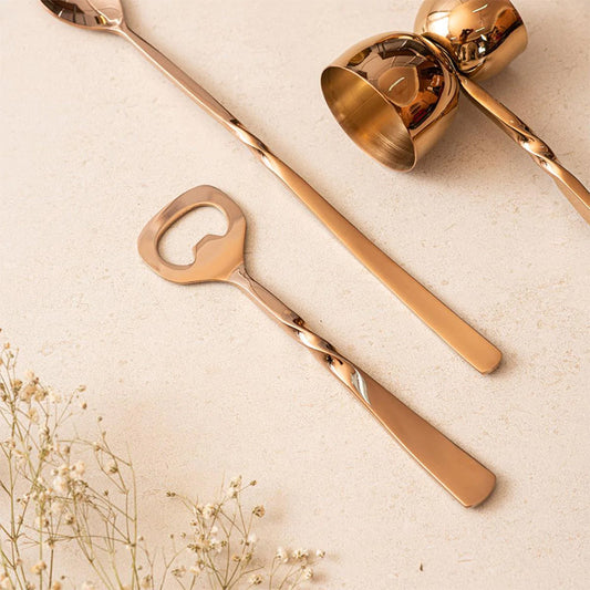 Bronze twisted bottle opener, stirrer, and peg measurer