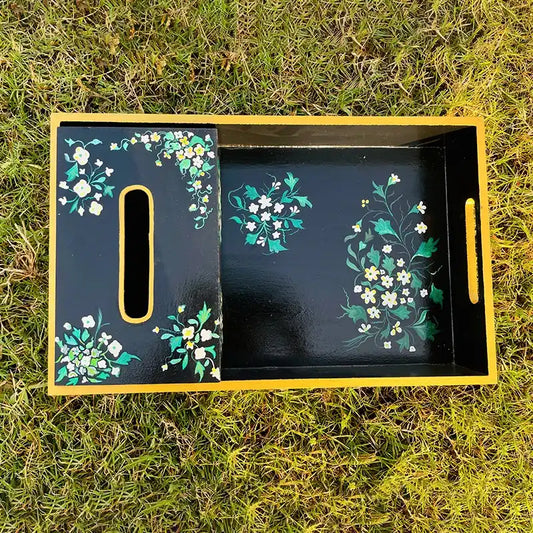 Black Flower Wooden Tray & Tissue Box Cover