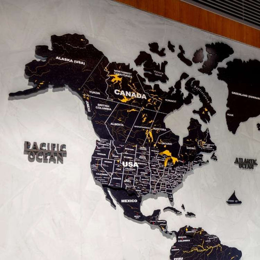 World Map Wall Art | 3D Black & Yellow Wooden World Map for Wall