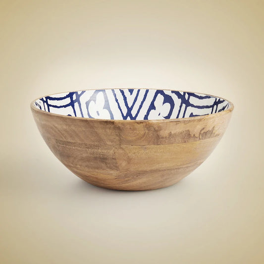 blue and white wooden serving bowl
