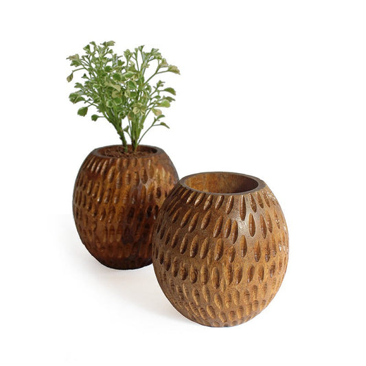Two Carved Spherical Wooden Planter