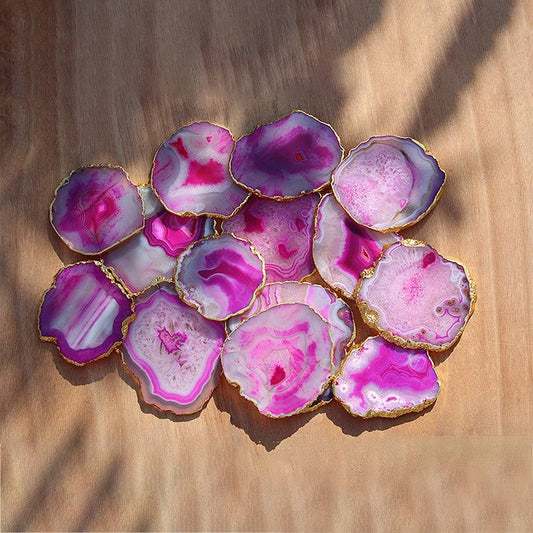 Pink Agate Tea Table Coaster Set (Pack of 2) | Agate Coasters with Gold Edge