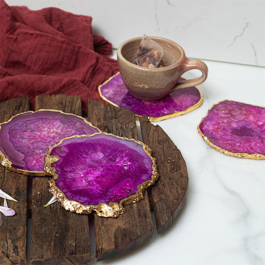 Pink Agate Tea Table Coaster Set (Pack of 2) | Agate Coasters with Gold Edge