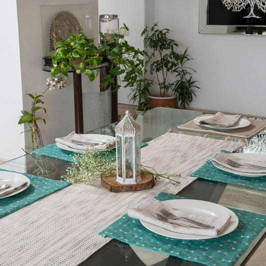 Foggy dew table runner with tassels