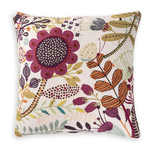 Embroidered cushion with flower design in magenta color