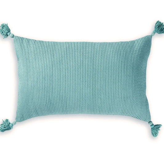 Rib design pillow in cyan color with tassels