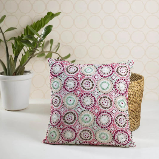 Wreath Hand Embroidered Cushion Cover - French Rose