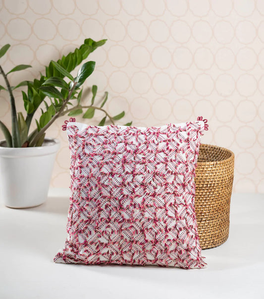 Square ruffled cushion cover in magenta color